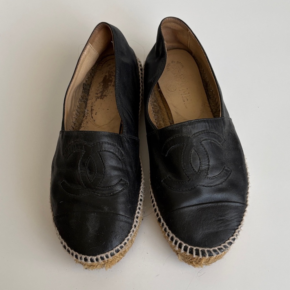 CHANEL Black Leather Espadrilles with Logo